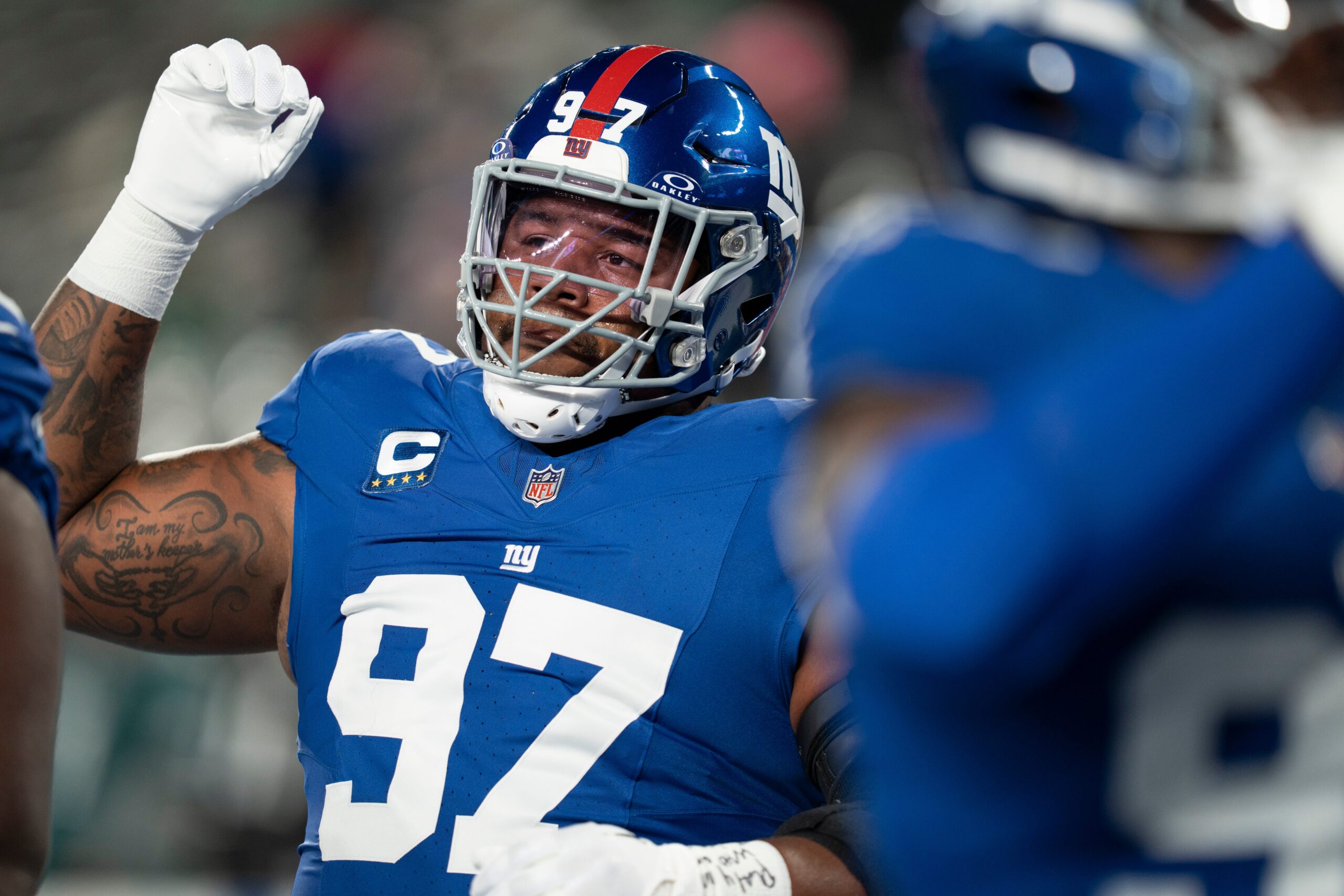 New York Giants defensive tackle Dexter Lawrence (97) gestures during a Thursday Night Football game between the New York Giants and the Philadelphia Eagles at MetLife Stadium in East Rutherford on Oct. 9, 2025.