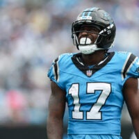 Oct 12, 2025; Charlotte, North Carolina, USA; Carolina Panthers wide receiver Xavier Legette (17) reacts after missing a catch in the second quarter against the Carolina Panthers at Bank of America Stadium.