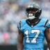Oct 12, 2025; Charlotte, North Carolina, USA; Carolina Panthers wide receiver Xavier Legette (17) reacts after missing a catch in the second quarter against the Carolina Panthers at Bank of America Stadium.