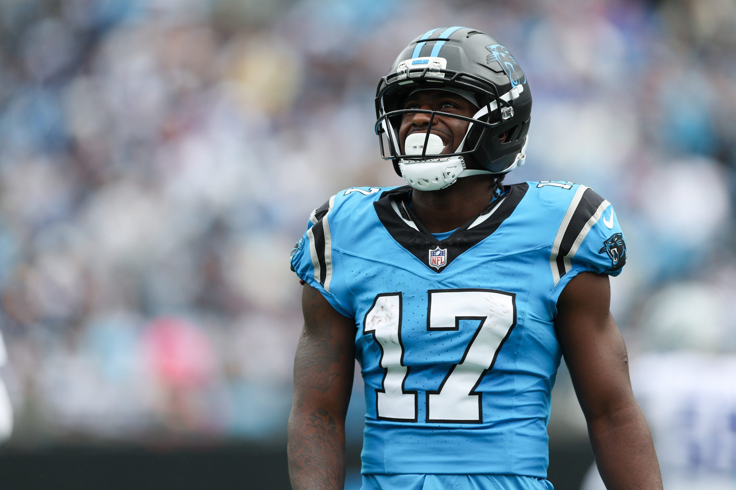 Oct 12, 2025; Charlotte, North Carolina, USA; Carolina Panthers wide receiver Xavier Legette (17) reacts after missing a catch in the second quarter against the Carolina Panthers at Bank of America Stadium.