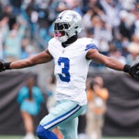 Oct 12, 2025; Charlotte, North Carolina, USA; Dallas Cowboys wide receiver George Pickens (3) celebrates a touchdown during the second half against the Carolina Panthers at Bank of America Stadium.