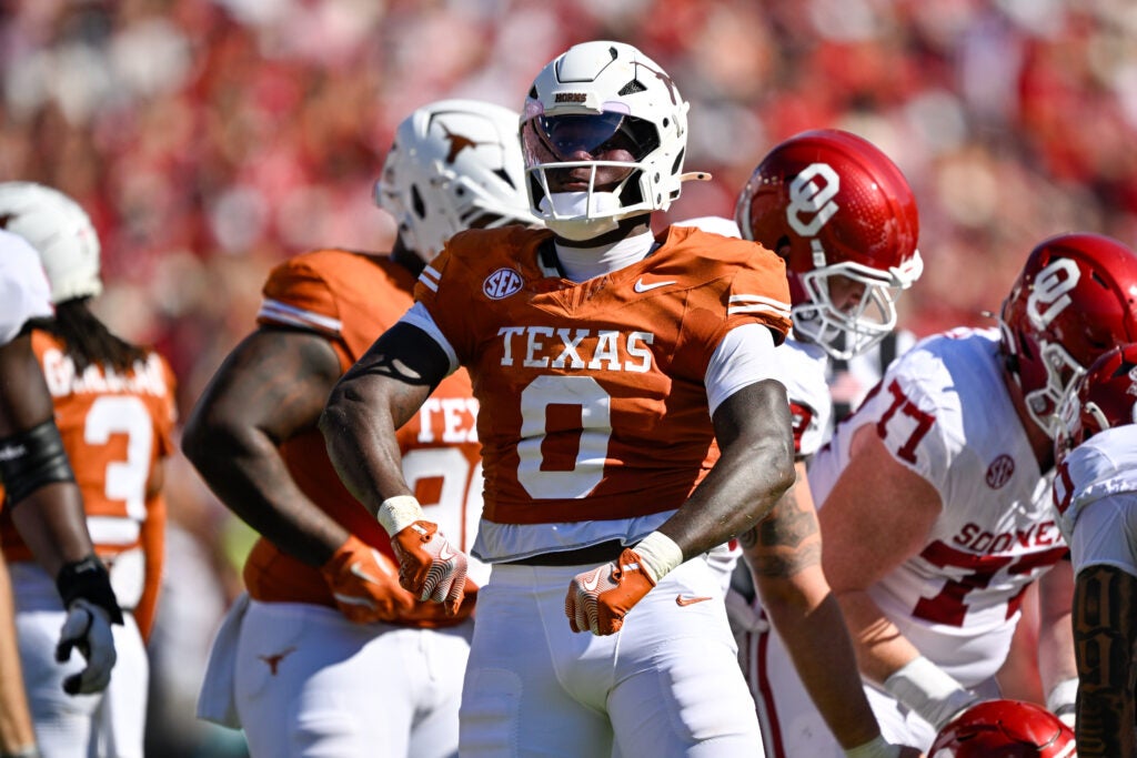 Oct 11, 2025; Dallas, Texas, USA; Texas Longhorns linebacker Anthony Hill Jr. (0) celebrates during the game between the Texas Longhorns and the Oklahoma Sooners at the Cotton Bowl.