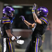 Oct 16, 2025; Greenville, North Carolina, USA; East Carolina Pirates wide receiver Anthony Smith (9) celebrates his touchdown catch with wide receiver Yannick Smith (1) against the Tulsa Golden Hurricane during the first half at Dowdy-Ficklen Stadium.