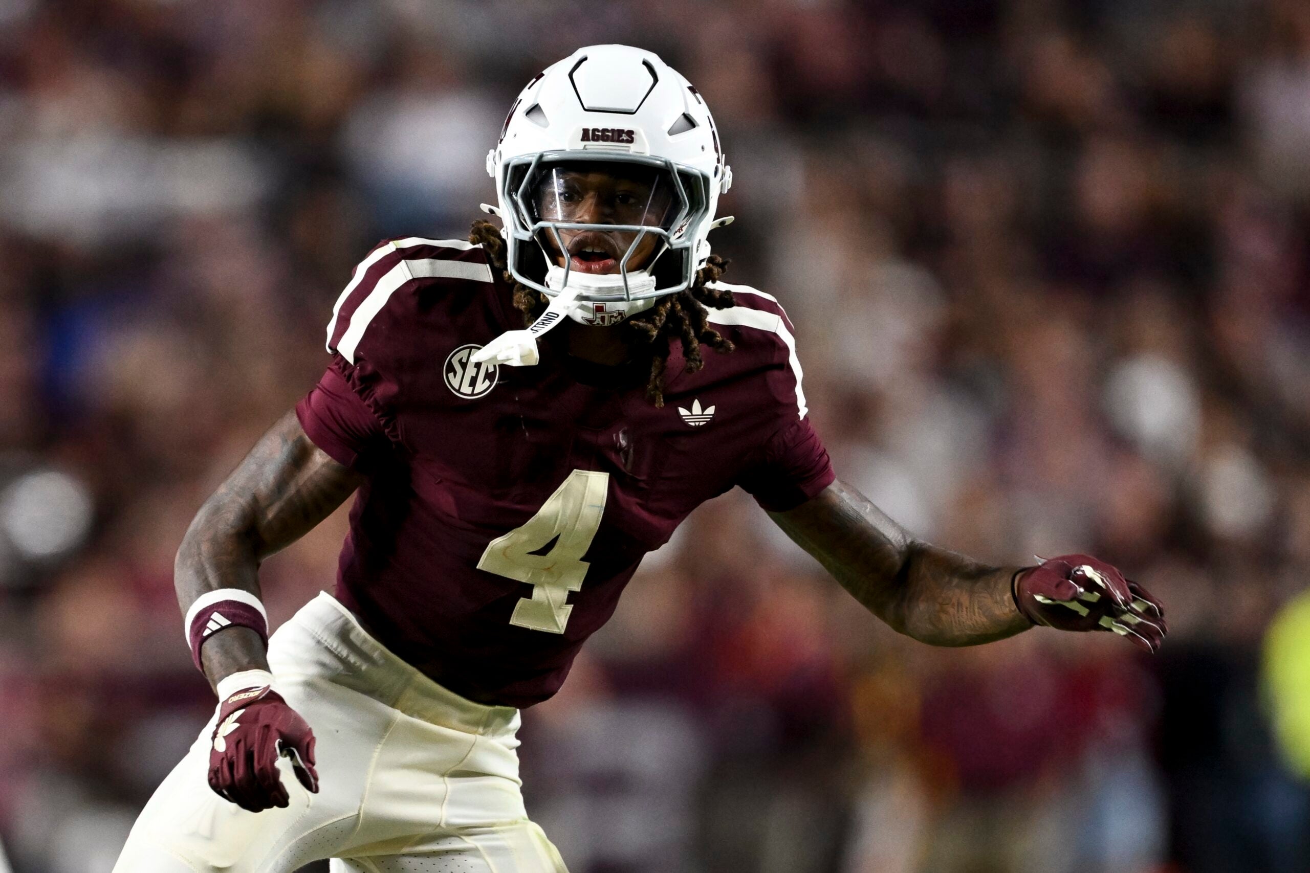 Oct 11, 2025; College Station, Texas, USA; Texas A&M Aggies cornerback Will Lee III (4) defends in coverage during the second half against the Florida Gators at Kyle Field.