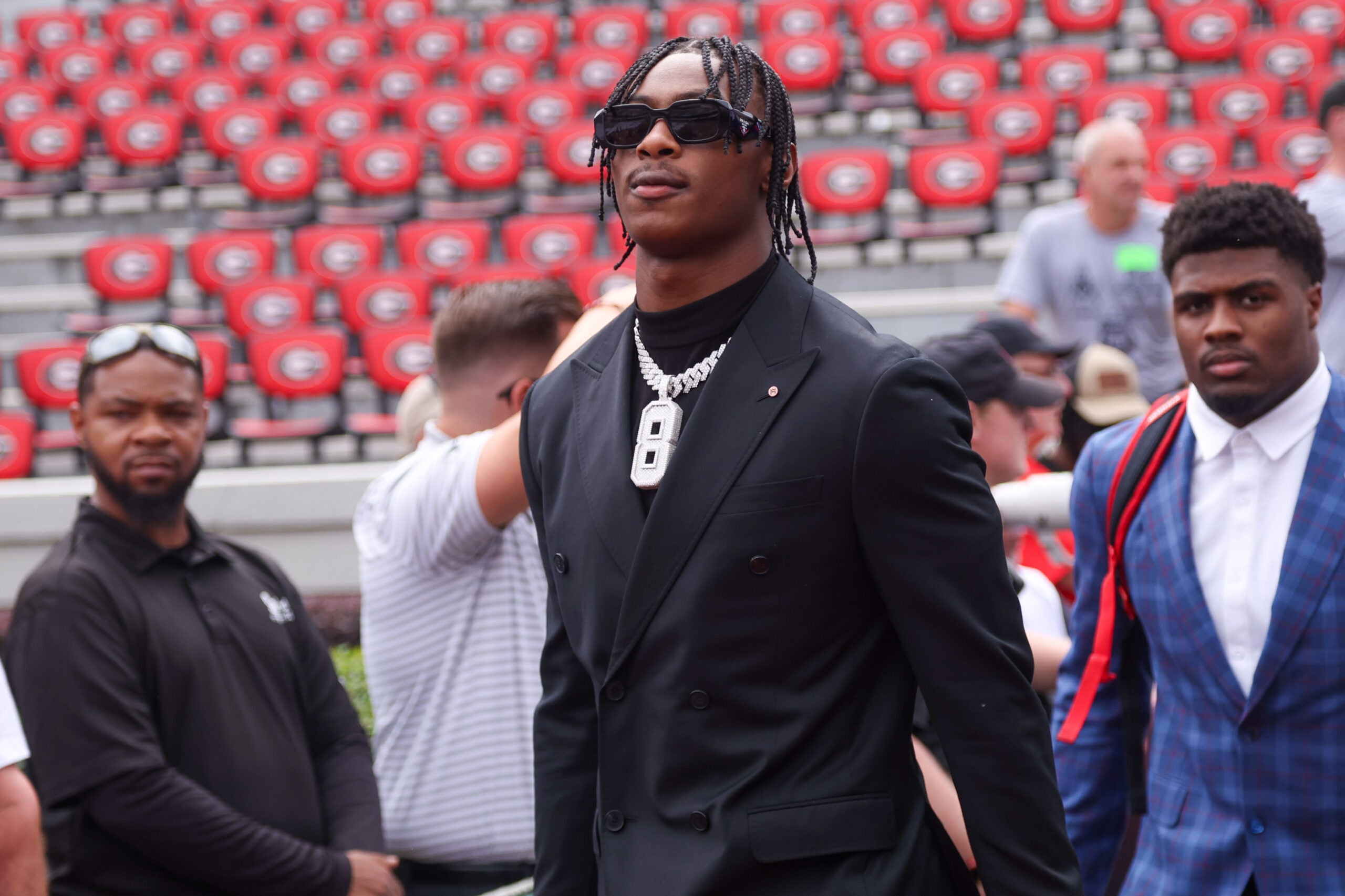 Oct 18, 2025; Athens, Georgia, USA; Georgia Bulldogs wide receiver Colbie Young (8) walks into Sanford Stadium before a game against the Mississippi Rebels.