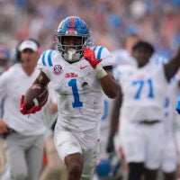 Oct 18, 2025; Athens, Georgia, USA; Mississippi Rebels wide receiver De'Zhaun Stribling (1) runs for a touchdown against the Georgia Bulldogs during the second half of the game at Sanford Stadium.