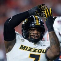 Missouri Tigers defensive tackle Chris McClellan (7) celebrates his sack as Auburn Tigers take on Missouri Tigers at Jordan-Hare Stadium in Auburn, Ala. on Saturday, Oct. 18, 2025. Missouri Tigers lead Auburn Tigers 10-7 at halftime.