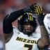 Missouri Tigers defensive tackle Chris McClellan (7) celebrates his sack as Auburn Tigers take on Missouri Tigers at Jordan-Hare Stadium in Auburn, Ala. on Saturday, Oct. 18, 2025. Missouri Tigers lead Auburn Tigers 10-7 at halftime.