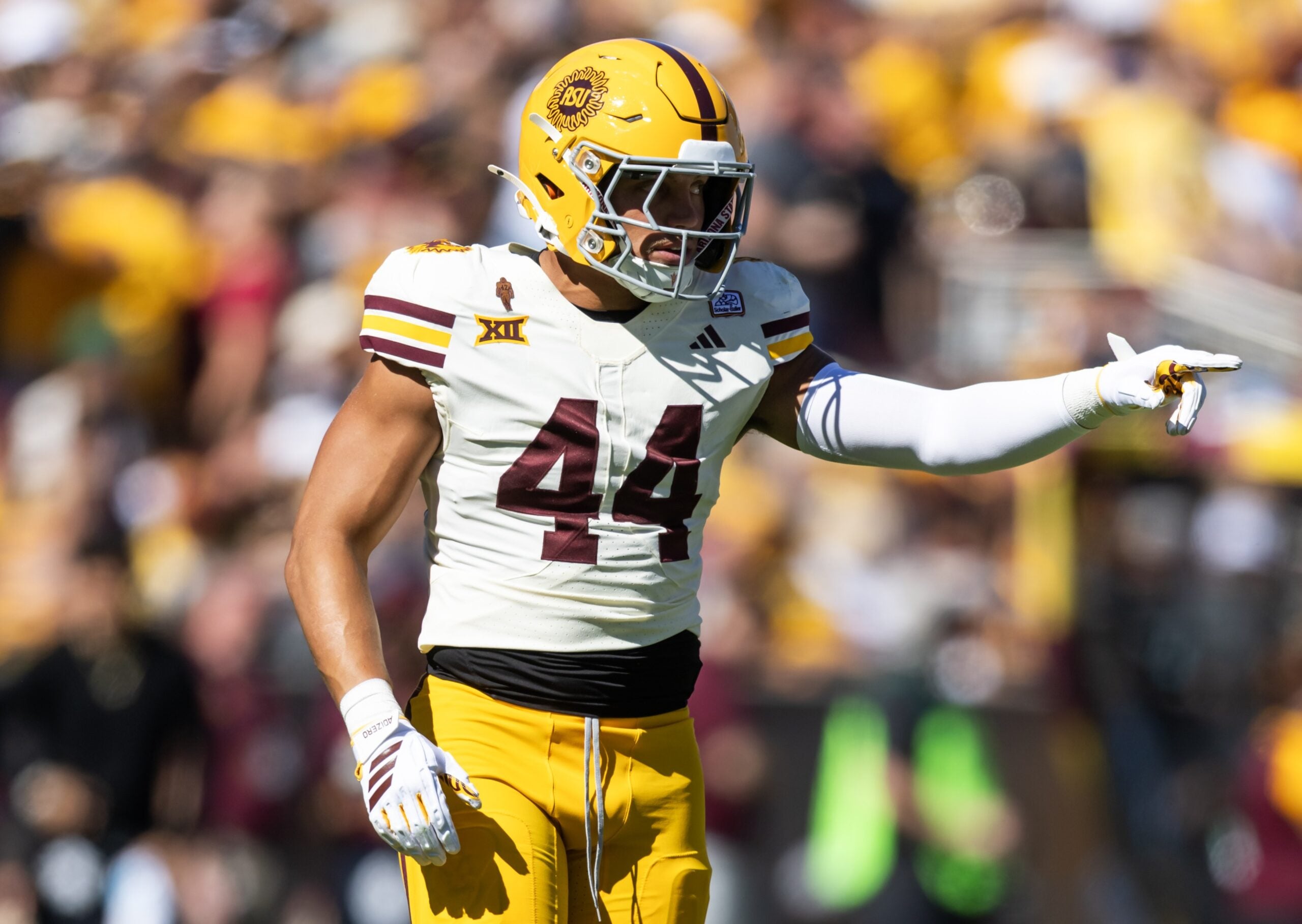 Oct 18, 2025; Tempe, Arizona, USA; Arizona State Sun Devils linebacker Keyshaun Elliott (44) against the Texas Tech Red Raiders at Mountain America Stadium.