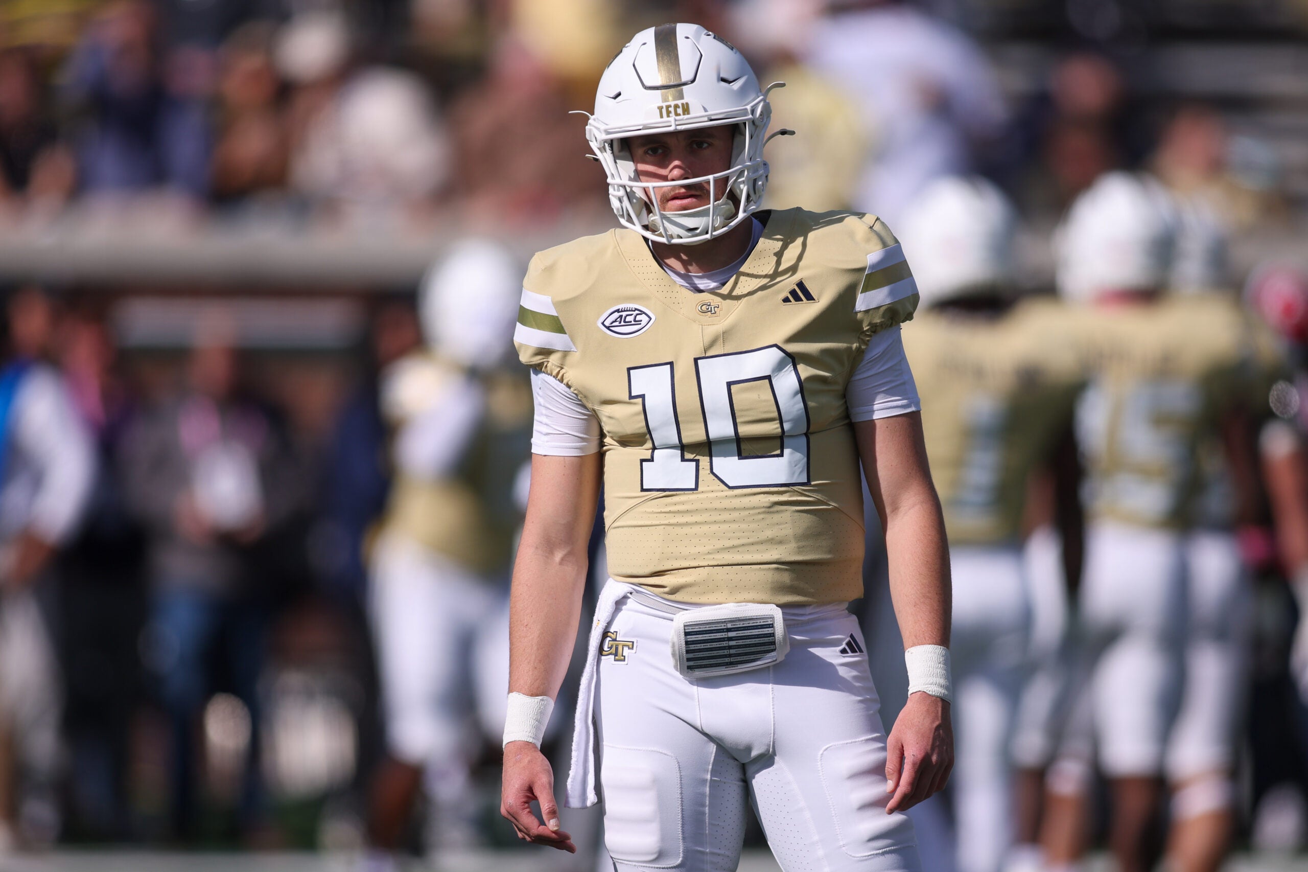 Oct 25, 2025; Atlanta, Georgia, USA; Georgia Tech Yellow Jackets quarterback Haynes King (10) on the field before a game against the Syracuse Orange at Bobby Dodd Stadium at Hyundai Field.