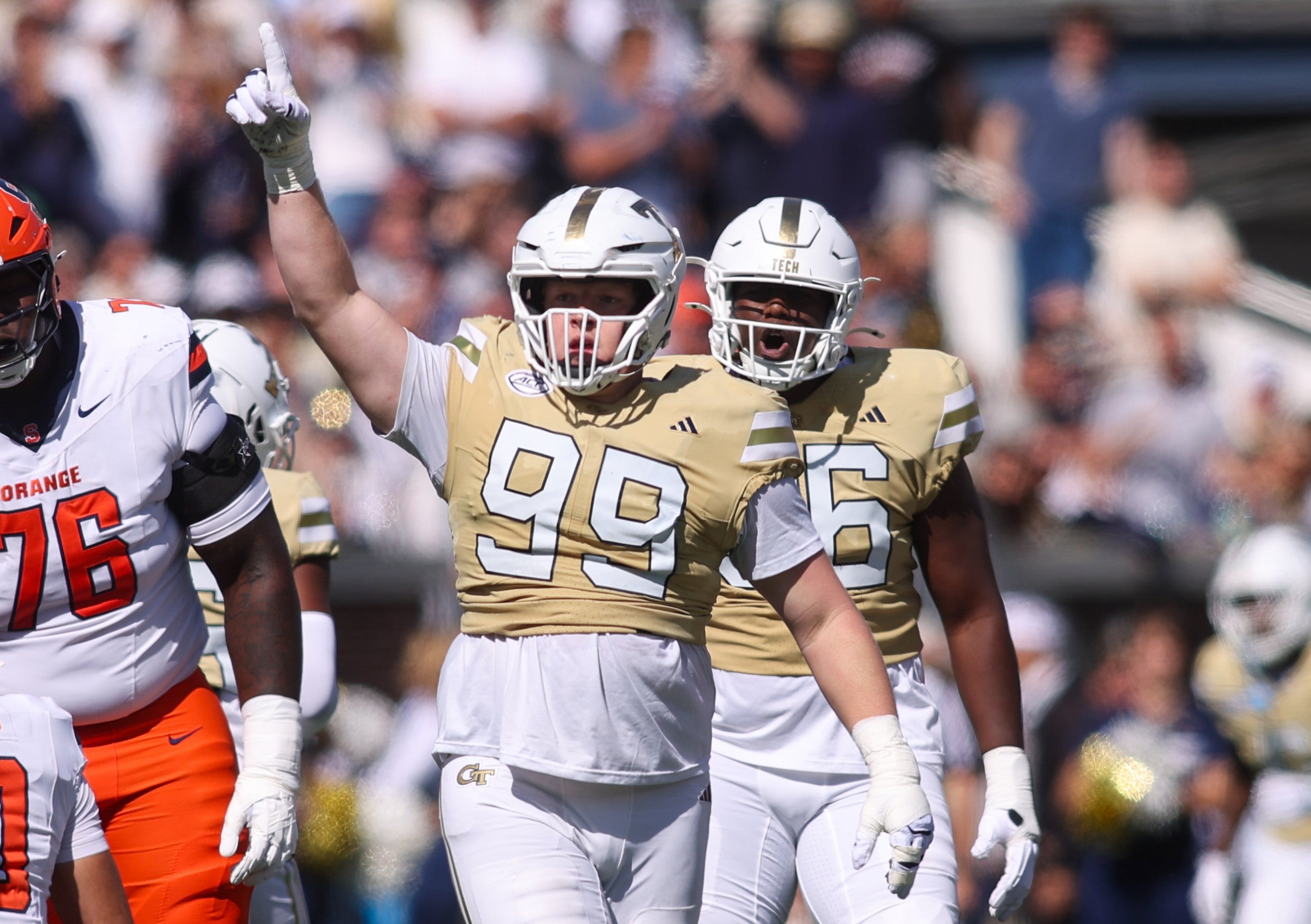 Oct 25, 2025; Atlanta, Georgia, USA; Georgia Tech Yellow Jackets defensive tackle Jordan van den Berg (99) reacts after a tackle against the Syracuse Orange in the second quarter at Bobby Dodd Stadium at Hyundai Field.