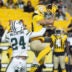 Oct 26, 2025; Pittsburgh, Pennsylvania, USA; Pittsburgh Steelers wide receiver Roman Wilson (10) attempts a catch against Green Bay Packers cornerback Carrington Valentine (24) during the fourth quarter at Acrisure Stadium.