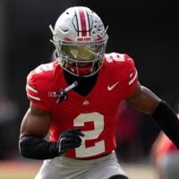 Ohio State Buckeyes defensive back Caleb Downs (2) warms up during the NCAA football game against the Penn State Nittany Lions at Ohio Stadium in Columbus on Nov. 1, 2025.