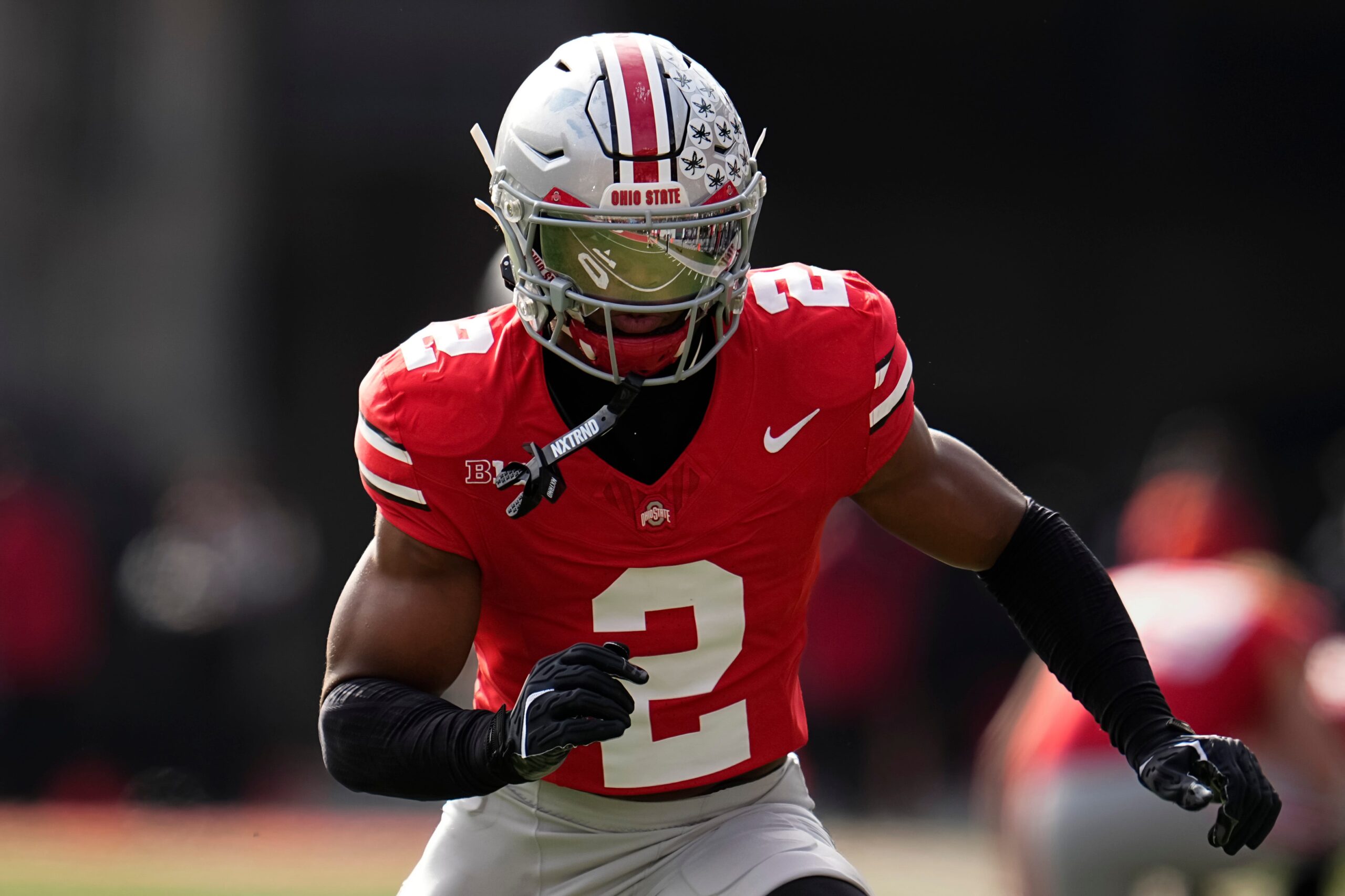 Ohio State Buckeyes defensive back Caleb Downs (2) warms up during the NCAA football game against the Penn State Nittany Lions at Ohio Stadium in Columbus on Nov. 1, 2025.