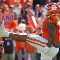 Clemson Tigers defensive tackle Peter Woods (11) celebrates after sacking Duke Blue Devils quarterback Darian Mensah (10) Saturday, Nov. 1, 2025, during the NCAA football game at Memorial Stadium in Clemson, South Carolina.