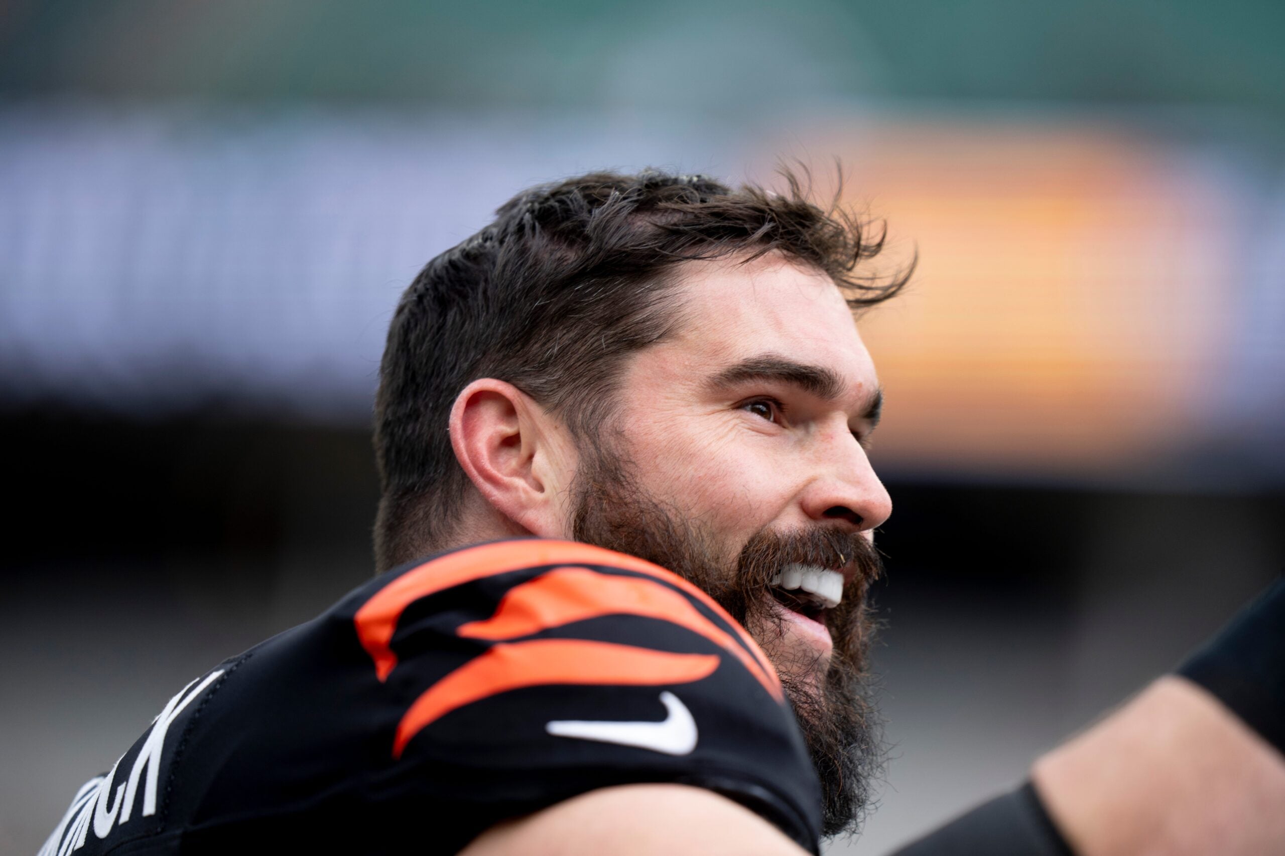 Cincinnati Bengals guard Lucas Patrick (62) smiles before the NFL football game between Chicago Bears and Cincinnati Bengals at Paycor Stadium in Cincinnati on Nov. 2, 2025.
