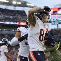 Nov 2, 2025; Cincinnati, Ohio, USA; Chicago Bears tight end Colston Loveland (84) celebrates after scoring a touchdown against the Cincinnati Bengals during the fourth quarter at Paycor Stadium.