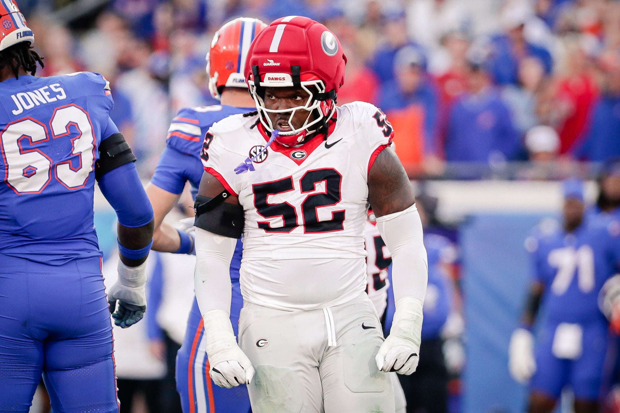 Nov 1, 2025; Jacksonville, Florida, USA; Georgia Bulldogs defensive lineman Christen Miller (52) reacts after making a tackle against the Florida Gators at EverBank Stadium.