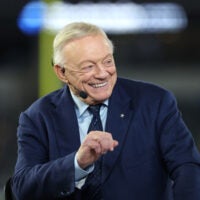 Nov 3, 2025; Arlington, Texas, USA; Dallas Cowboys owner Jerry Jones talks before the game against the Arizona Cardinals at AT&T Stadium.