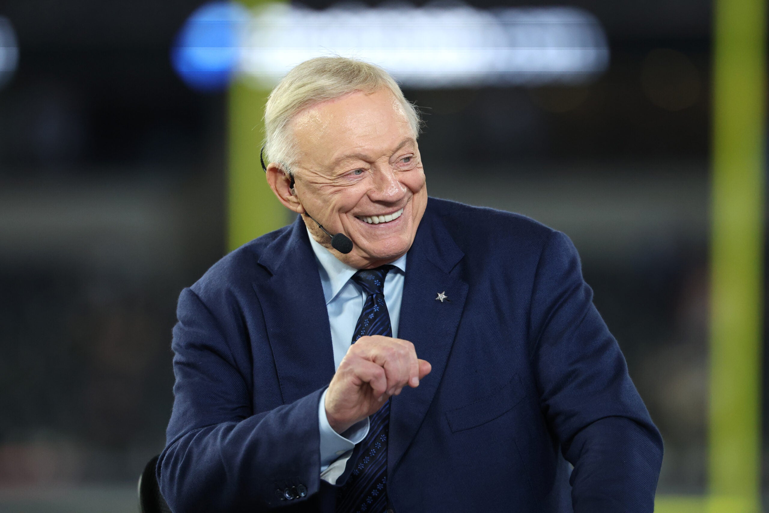Nov 3, 2025; Arlington, Texas, USA; Dallas Cowboys owner Jerry Jones talks before the game against the Arizona Cardinals at AT&T Stadium.