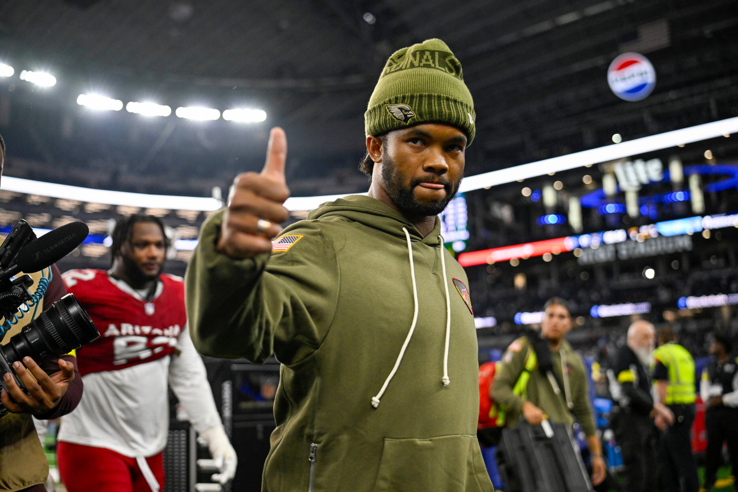 Nov 3, 2025; Arlington, Texas, USA; Arizona Cardinals quarterback Kyler Murray (1) walks off the field after the game between the Dallas Cowboys and the Arizona Cardinals at AT&T Stadium.