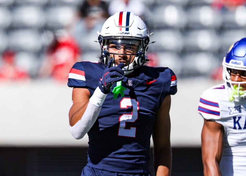 Nov 8, 2025; Tucson, Arizona, USA; Arizona Wildcats defensive back Treydan Stukes (2) celebrates during the first quarter of the game against the Kansas Jayhawks at Arizona Stadium.