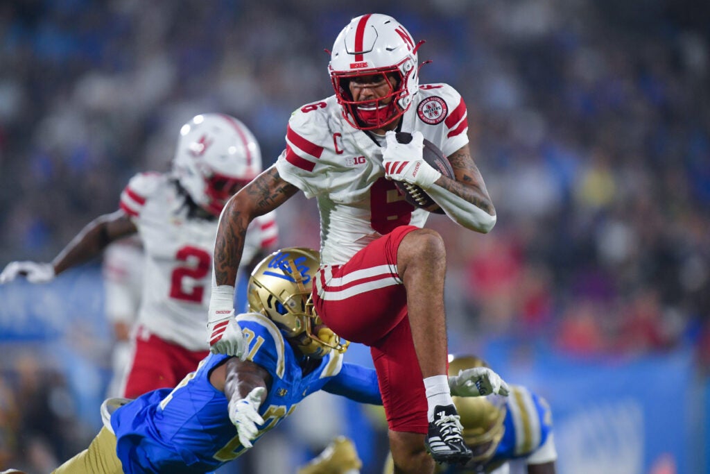 Nov 8, 2025; Pasadena, California, USA; Nebraska Cornhuskers wide receiver Dane Key (6) runs the ball against the UCLA Bruins during the first half at the Rose Bowl.
