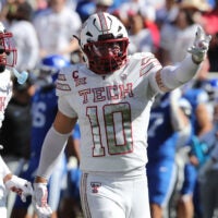 Nov 8, 2025; Lubbock, Texas, USA; Texas Tech Red Raiders defensive back Jacob Rodriguez (10) reacts after a play against the Brigham Young Cougars at Jones AT&T Stadium.