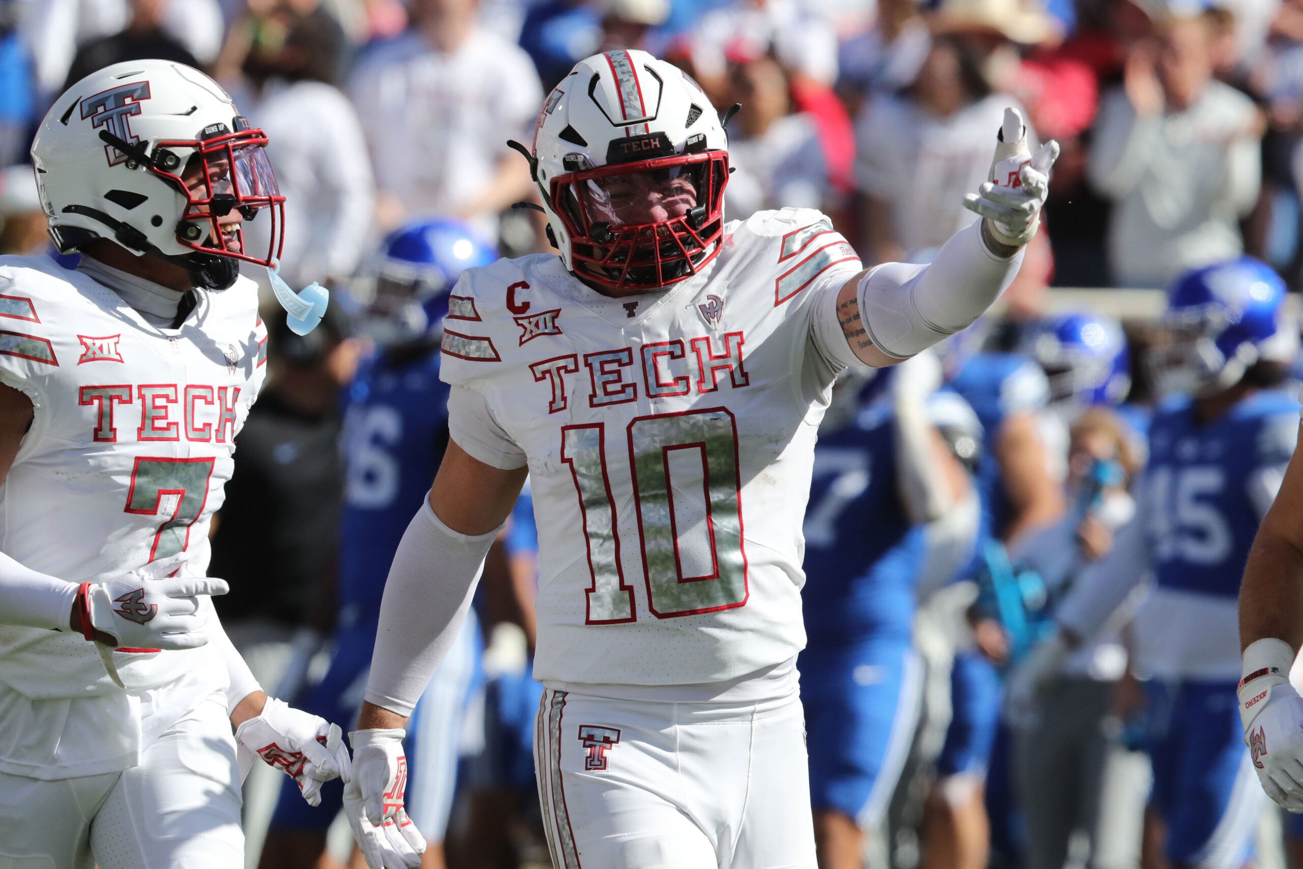 Nov 8, 2025; Lubbock, Texas, USA; Texas Tech Red Raiders defensive back Jacob Rodriguez (10) reacts after a play against the Brigham Young Cougars at Jones AT&T Stadium.