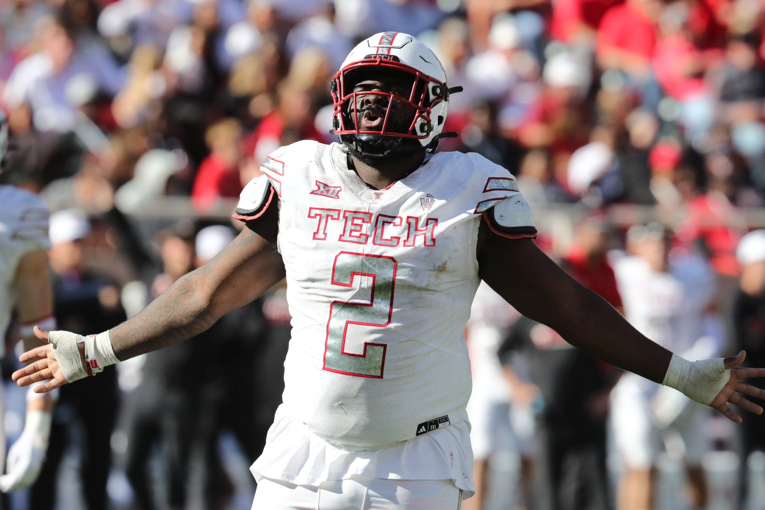 Nov 8, 2025; Lubbock, Texas, USA; Texas Tech Red Raiders defensive lineman Lee Hunter (2) reacts in the second half of the game against the Brigham Young Cougars at Jones AT&T Stadium.
