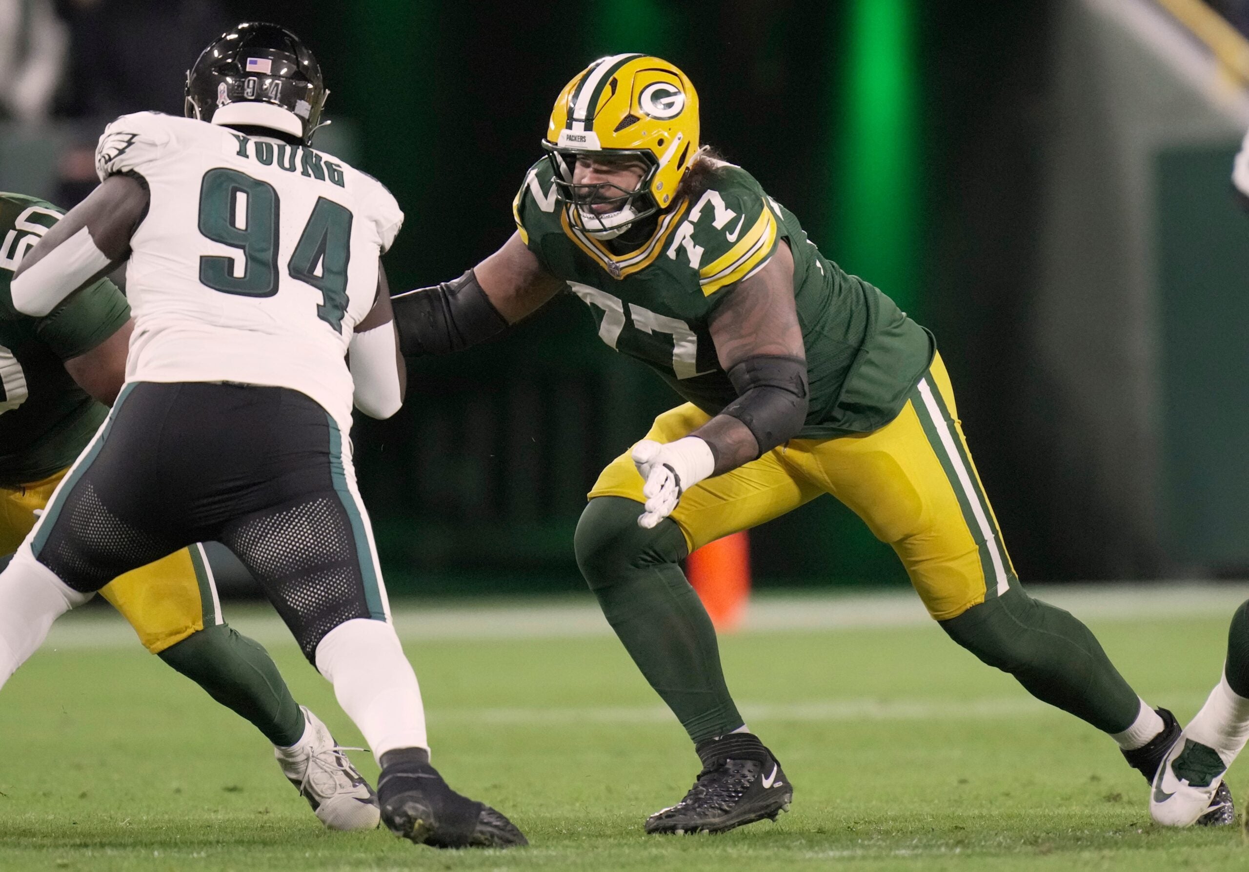 Green Bay Packers offensive tackle Jordan Morgan (77) is shown during the third quarter of their game against the Philadelphia Eagles Monday, November 10, 2025 at Lambeau Field in Green Bay, Wisconsin.