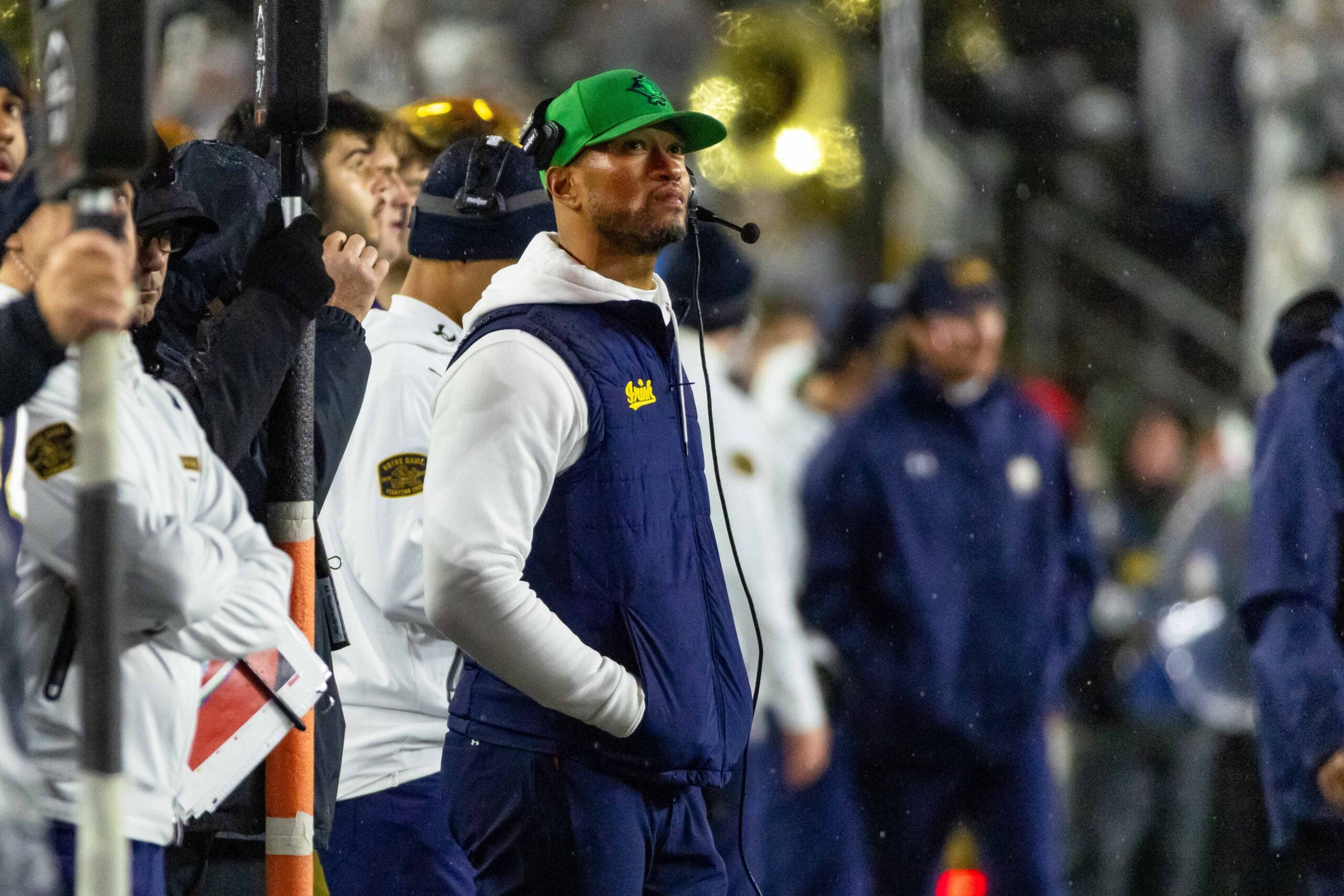 Nov 8, 2025; South Bend, Indiana, USA; Notre Dame Fighting Irish head coach Marcus Freeman looks to the scoreboard against the Navy Midshipmen during the first half at Notre Dame Stadium.