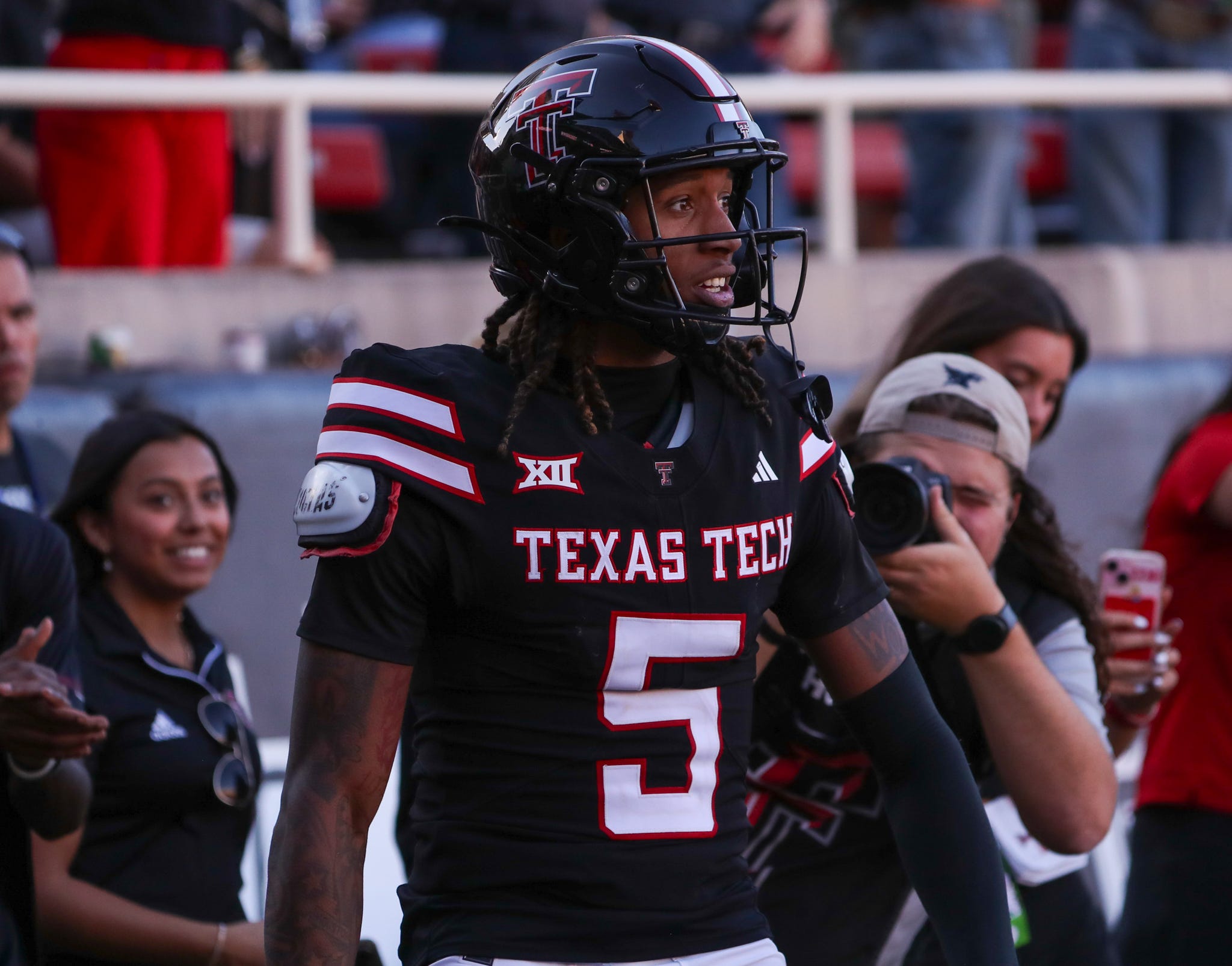 Texas Tech's Caleb Douglas looks on after making a play against UCF during a Big 12 Conference football game, Saturday, Nov. 15, 2025, at Jones AT&T Stadium.