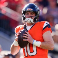 Nov 16, 2025; Denver, Colorado, USA; Denver Broncos quarterback Bo Nix (10) before the game against the Kansas City Chiefs at Empower Field at Mile High.