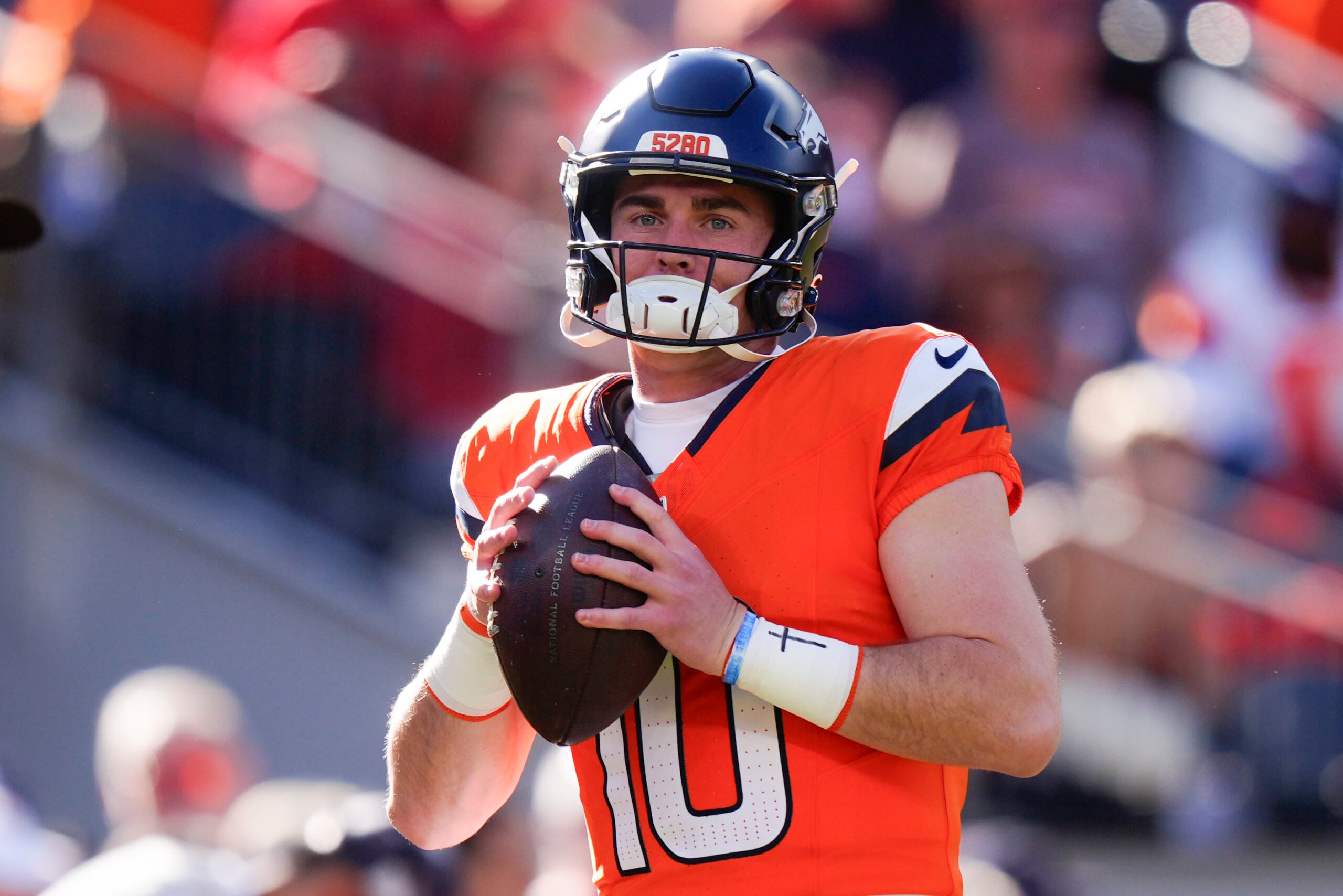 Nov 16, 2025; Denver, Colorado, USA; Denver Broncos quarterback Bo Nix (10) before the game against the Kansas City Chiefs at Empower Field at Mile High.