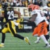 Nov 16, 2025; Pittsburgh, Pennsylvania, USA; Pittsburgh Steelers safety Kyle Dugger (29) intercepts the ball against the Cincinnati Bengals during the second half at Acrisure Stadium.