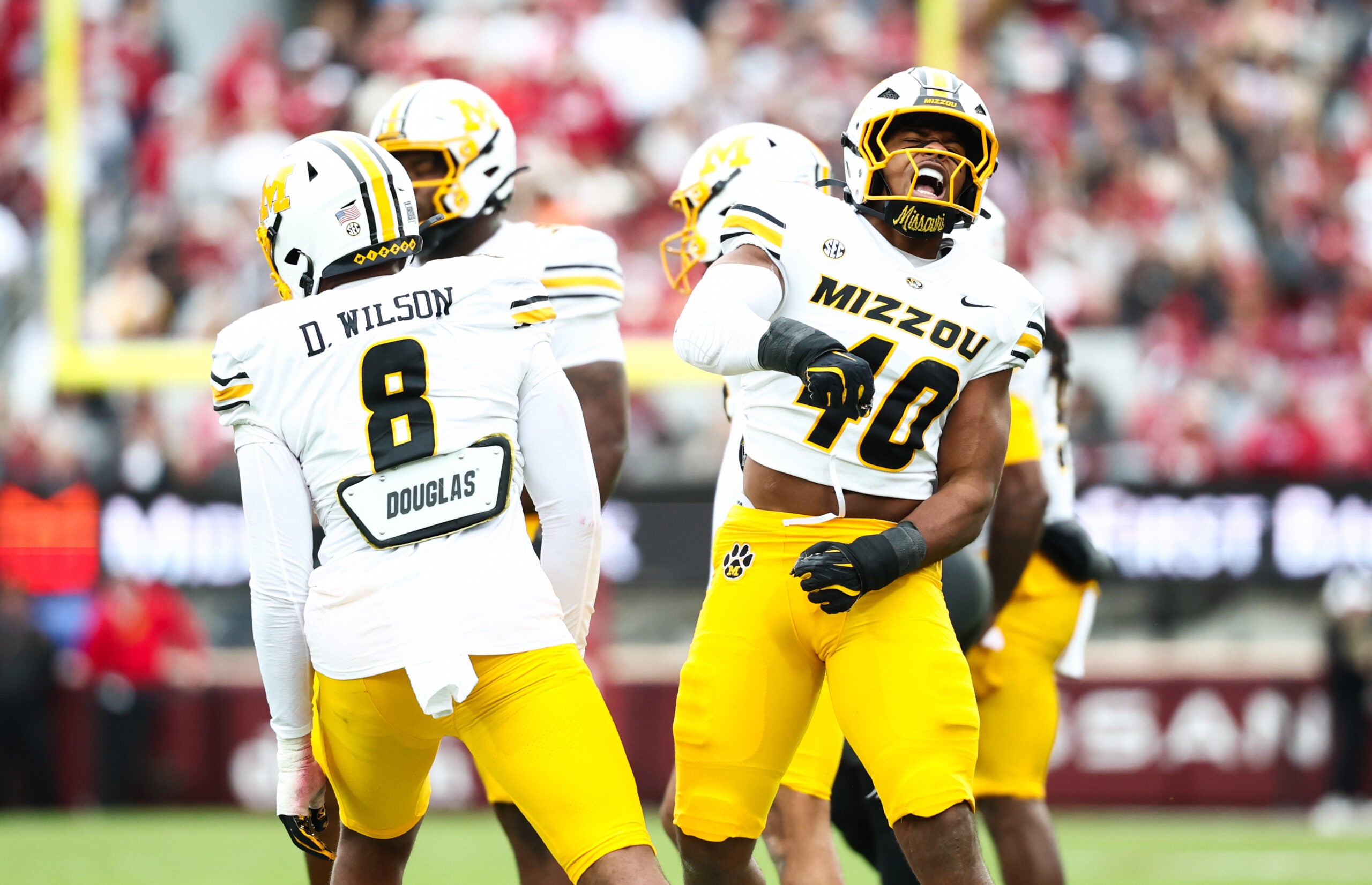 Nov 22, 2025; Norman, Oklahoma, USA; Missouri Tigers linebacker Josiah Trotter (40) reacts during the first quarter against the Oklahoma Sooners at Gaylord Family-Oklahoma Memorial Stadium.