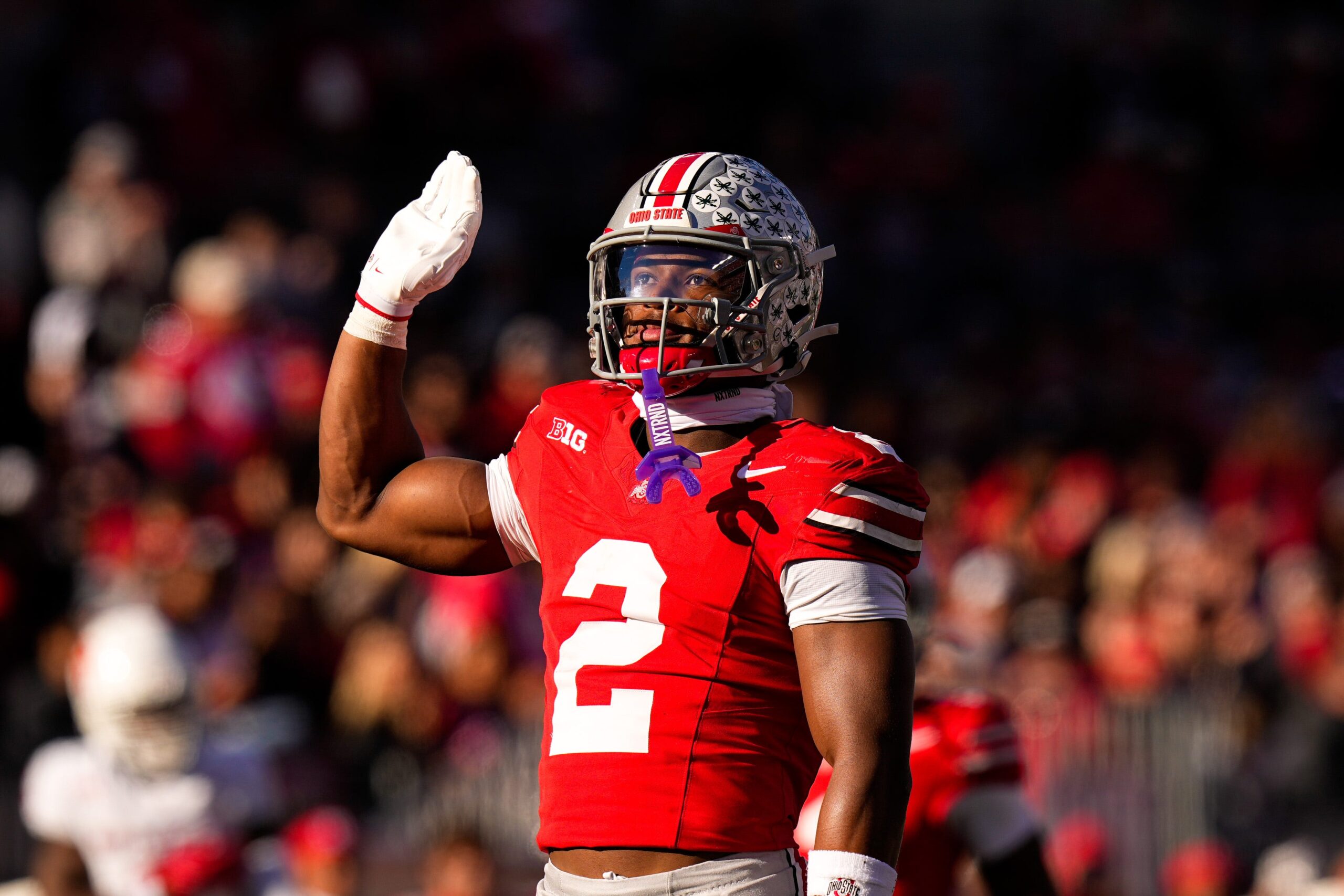 Ohio State Buckeyes defensive back Caleb Downs (2) celebrates after sacking Rutgers Scarlet Knights quarterback Athan Kaliakmanis (16) in the second half of the NCAA football game at Ohio Stadium on Saturday, Nov. 22, 2025 in Columbus, Ohio.