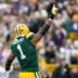 Nov 23, 2025; Green Bay, Wisconsin, USA; Green Bay Packers defensive end Micah Parsons (1) reacts after a sack against the Minnesota Vikings during the second half at Lambeau Field.