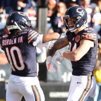 Nov 23, 2025; Chicago, Illinois, USA; Chicago Bears tight end Colston Loveland (84) reacts after scoring a touchdown against the Pittsburgh Steelers during the second half at Soldier Field.