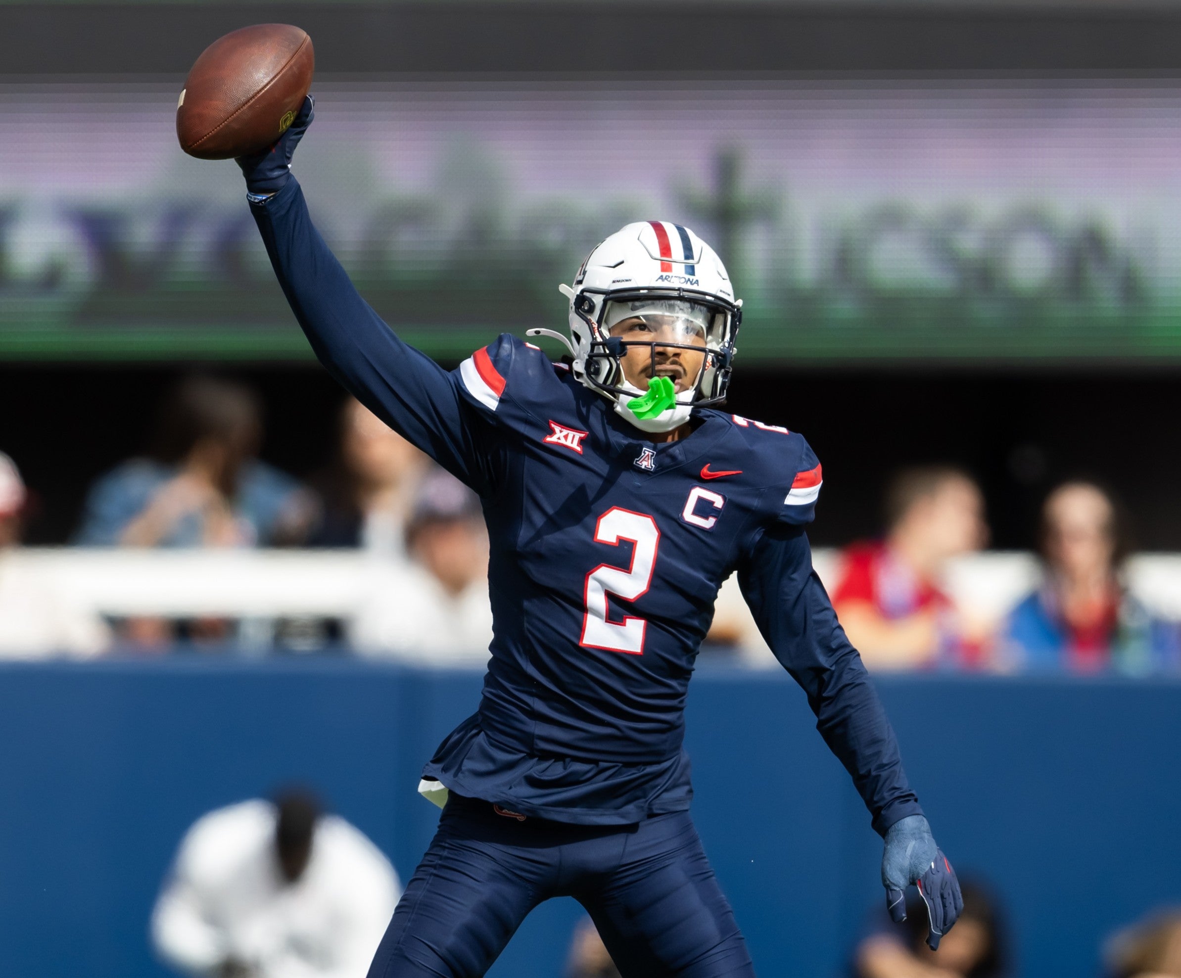 Nov 22, 2025; Tucson, Arizona, USA; Arizona Wildcats defensive back Treydan Stukes (2) against the Baylor Bears at Casino Del Sol Stadium.
