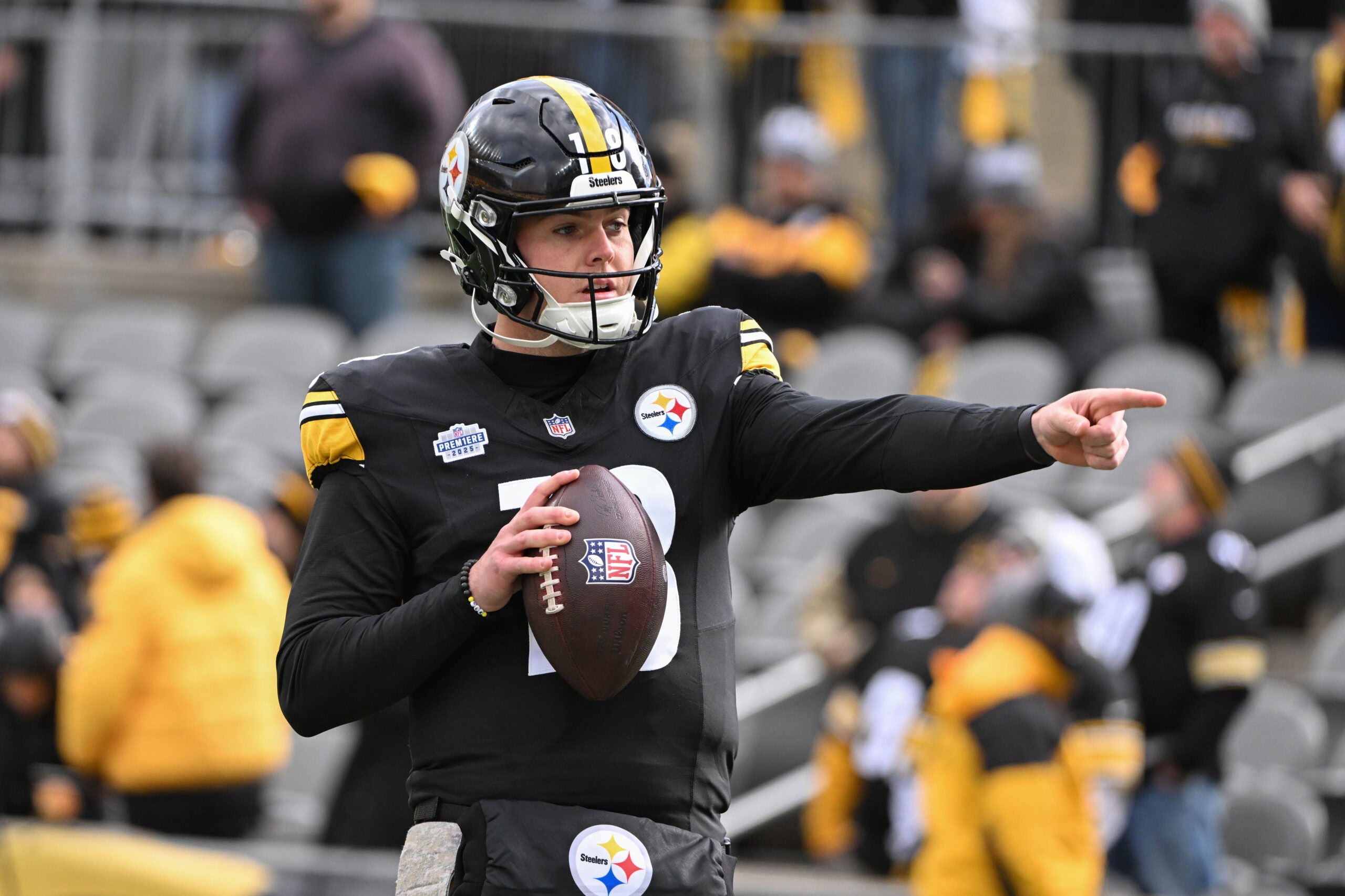 Nov 16, 2025; Pittsburgh, Pennsylvania, USA; Pittsburgh Steelers quarterback Will Howard (18) warms up before a game against the Cincinnati Bengals at Acrisure Stadium.