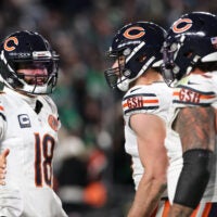 Nov 28, 2025; Philadelphia, Pennsylvania, USA; Chicago Bears quarterback Caleb Williams (18) celebrates after a touchdown against the Philadelphia Eagles during the fourth quarter of the game at Lincoln Financial Field.