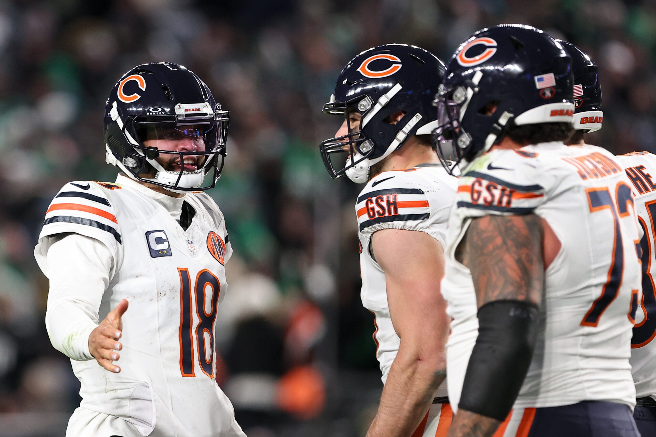 Nov 28, 2025; Philadelphia, Pennsylvania, USA; Chicago Bears quarterback Caleb Williams (18) celebrates after a touchdown against the Philadelphia Eagles during the fourth quarter of the game at Lincoln Financial Field.