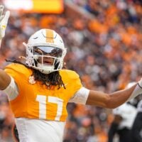 Tennessee wide receiver Chris Brazzell II (17) blows a kiss to the crowd after scoring a touchdown during a NCAA football game between Tennessee and Vanderbilt at Neyland Stadium in Knoxville, Tenn., on Nov. 29, 2025.