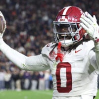Nov 29, 2025; Auburn, Alabama, USA; Alabama Crimson Tide linebacker Deontae Lawson (0) reacts during the second half against the Auburn Tigers at Jordan-Hare Stadium.