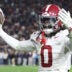 Nov 29, 2025; Auburn, Alabama, USA; Alabama Crimson Tide linebacker Deontae Lawson (0) reacts during the second half against the Auburn Tigers at Jordan-Hare Stadium.