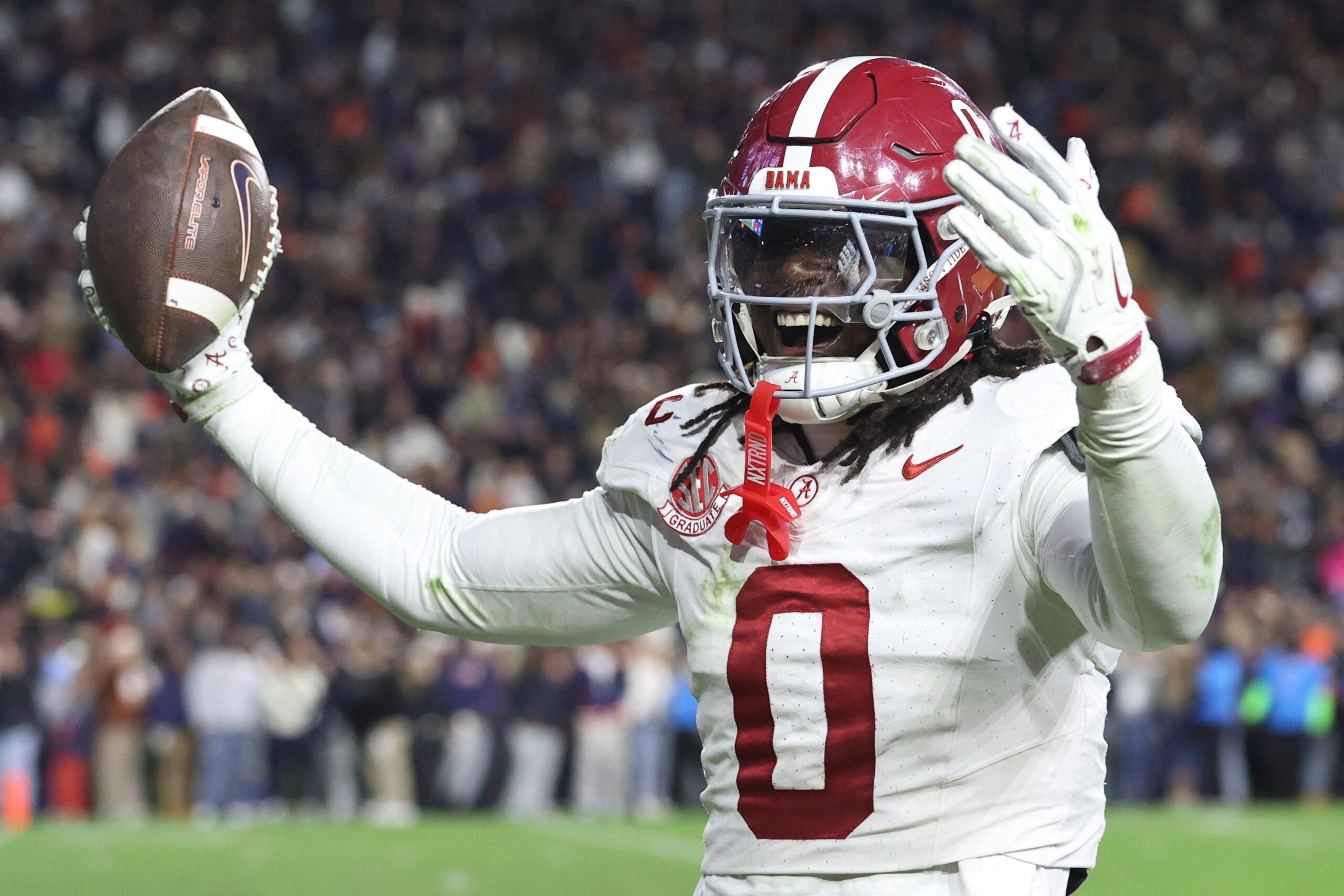 Nov 29, 2025; Auburn, Alabama, USA; Alabama Crimson Tide linebacker Deontae Lawson (0) reacts during the second half against the Auburn Tigers at Jordan-Hare Stadium.