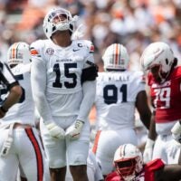 Auburn Tigers defensive end Keldric Faulk (15) celebrates a stop as Auburn Tigers take on South Alabama Jaguars at Jordan-Hare Stadium in Auburn, Ala. on Saturday, Sept. 13, 2025. Auburn Tigers lead South Alabama Jaguars 28-9 at halftime.