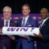 Dec 1, 2025; Baton Rouge, LA, USA; LSU president Wade Rousse, left, LSU new head coach Lane Kiffin and LSU athletic director Verge Ausberry stand together at South Stadium Club at Tiger Stadium.